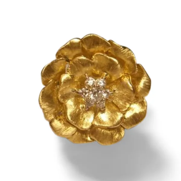 Stunning 14K Yellow Brushed Gold Diamond Floral Flower Cocktail Ring