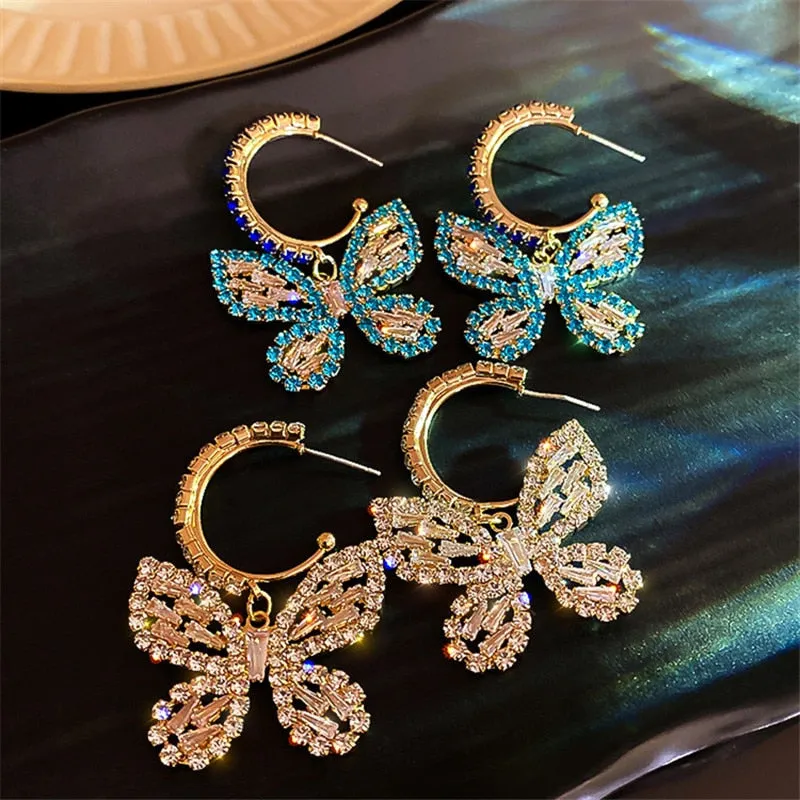 Stylish Zircon Crystal Golden Butterfly Dangle Earrings-Gold or Blue Rhinestone-Fashion Jewelry