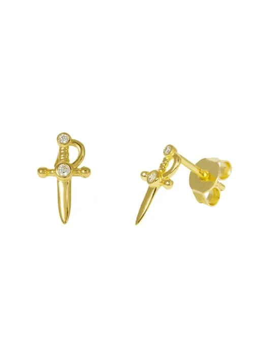 Sword Stud Earrings 18K Gold Plated 925 Sterling Silver Hypoallergenic Luxury Zircon Jewelry