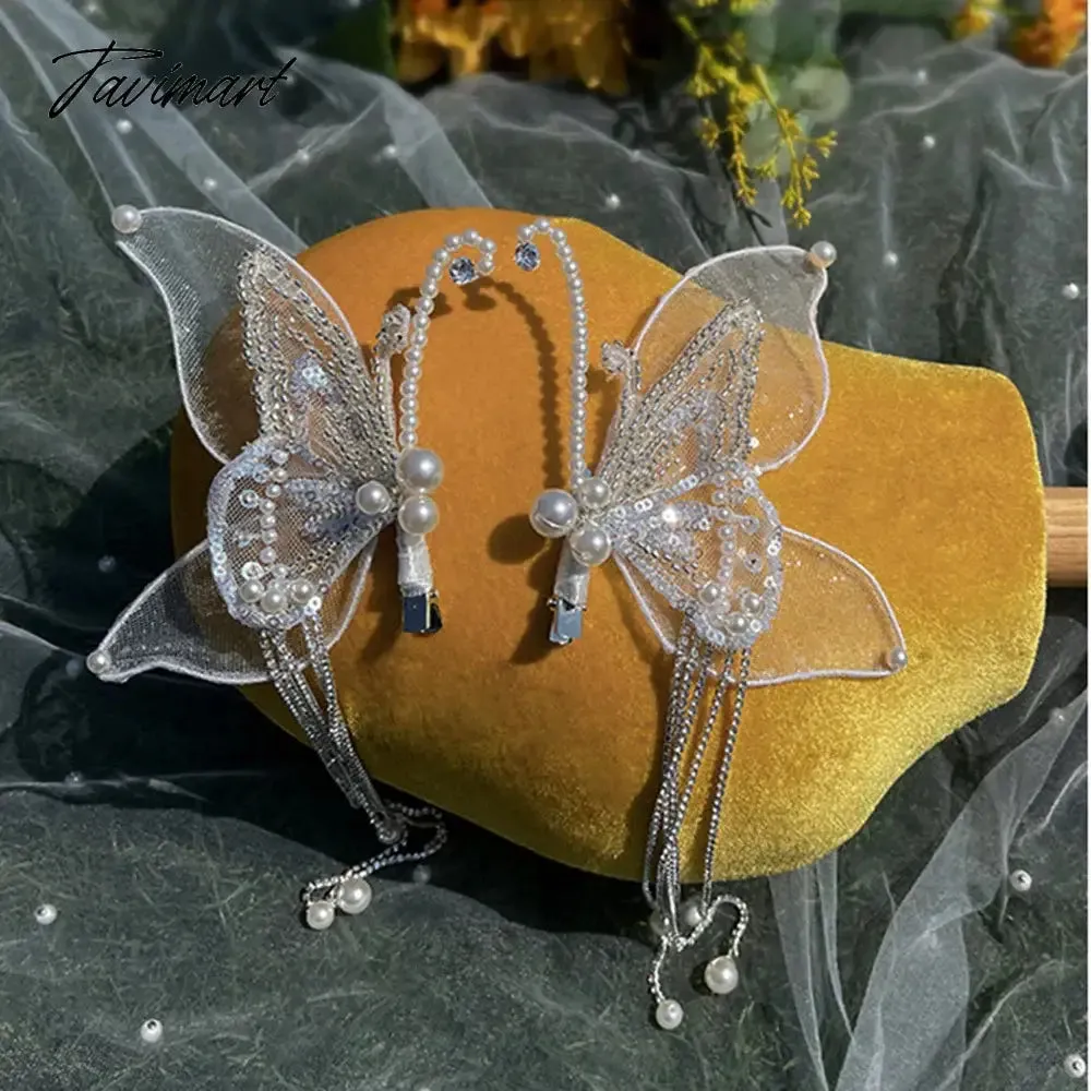 Tavimart Butterfly Shaped Beaded Sequins Hairpin A Pair of Forest Elves Forehead Makeup Bridal Wedding Headdress