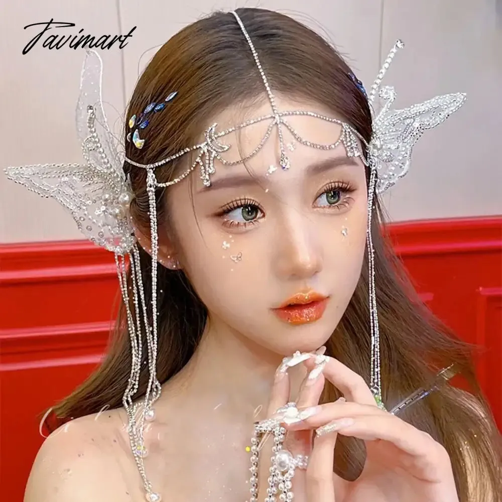 Tavimart Butterfly Shaped Beaded Sequins Hairpin A Pair of Forest Elves Forehead Makeup Bridal Wedding Headdress