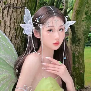 Tavimart Butterfly Shaped Beaded Sequins Hairpin A Pair of Forest Elves Forehead Makeup Bridal Wedding Headdress