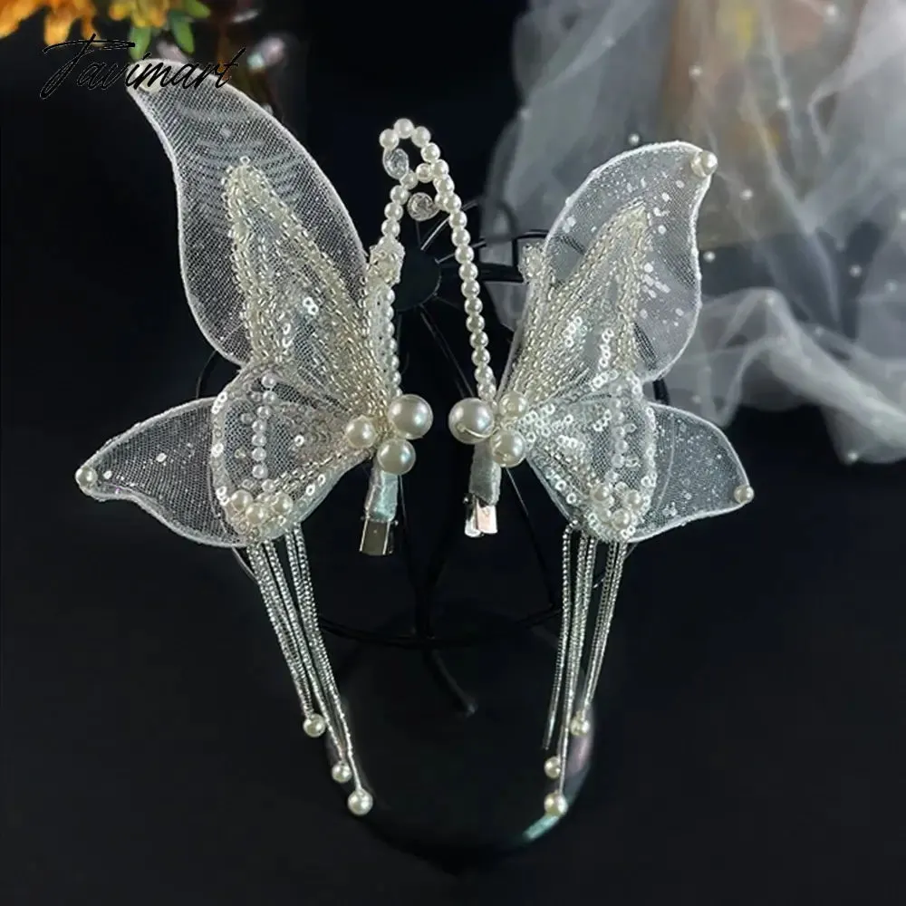 Tavimart Butterfly Shaped Beaded Sequins Hairpin A Pair of Forest Elves Forehead Makeup Bridal Wedding Headdress