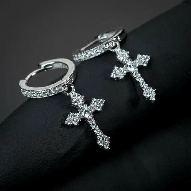 Trendy Jewelry Stylish Cross Drop Earrings for Women with Zircon in Silver Color