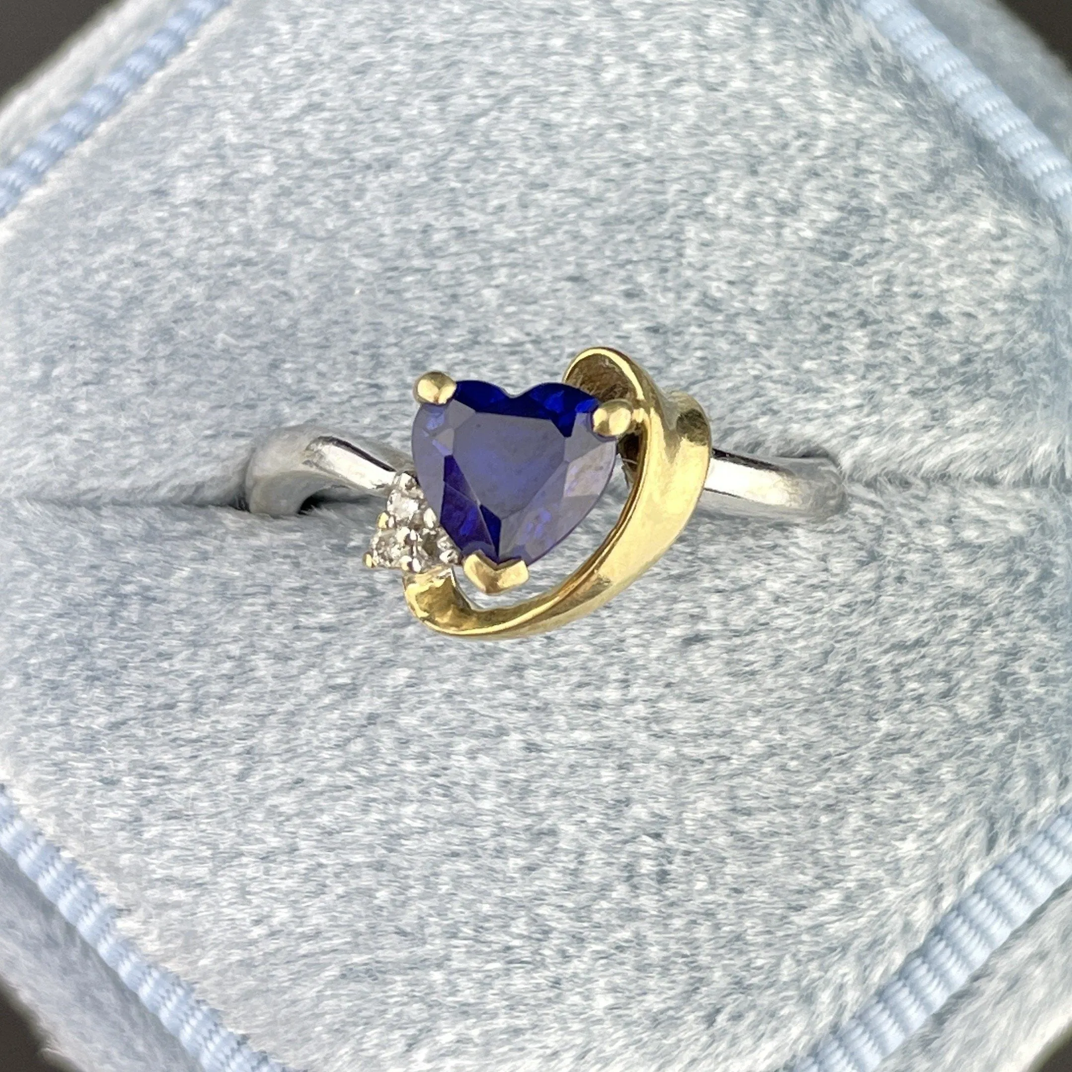 Vintage 10K White and Yellow Gold Diamond Sapphire Heart Ring, Sz 6 1/4