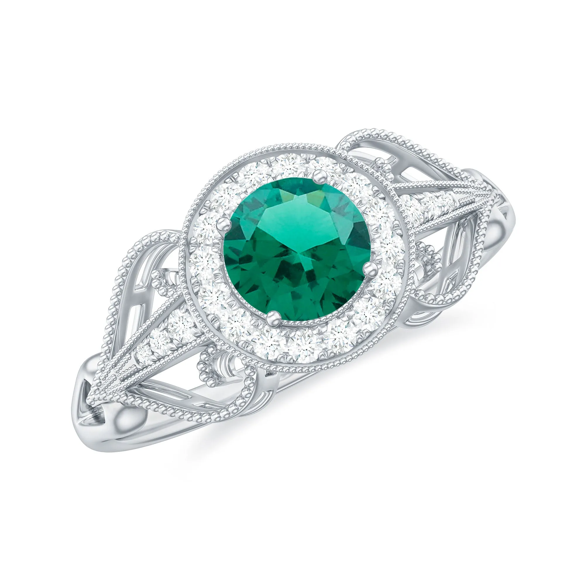 Vintage Created Emerald and Diamond Engagement Ring