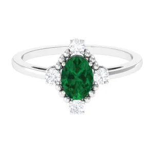 Vintage Style Oval Created Emerald Solitaire Engagement Ring with Diamond