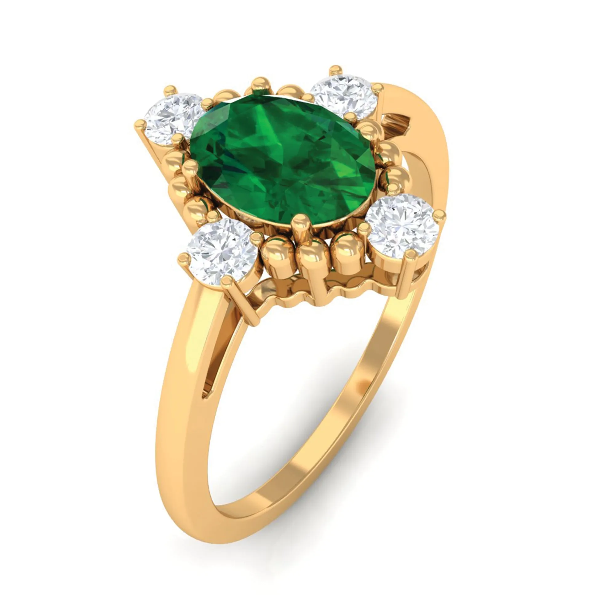 Vintage Style Oval Created Emerald Solitaire Engagement Ring with Diamond