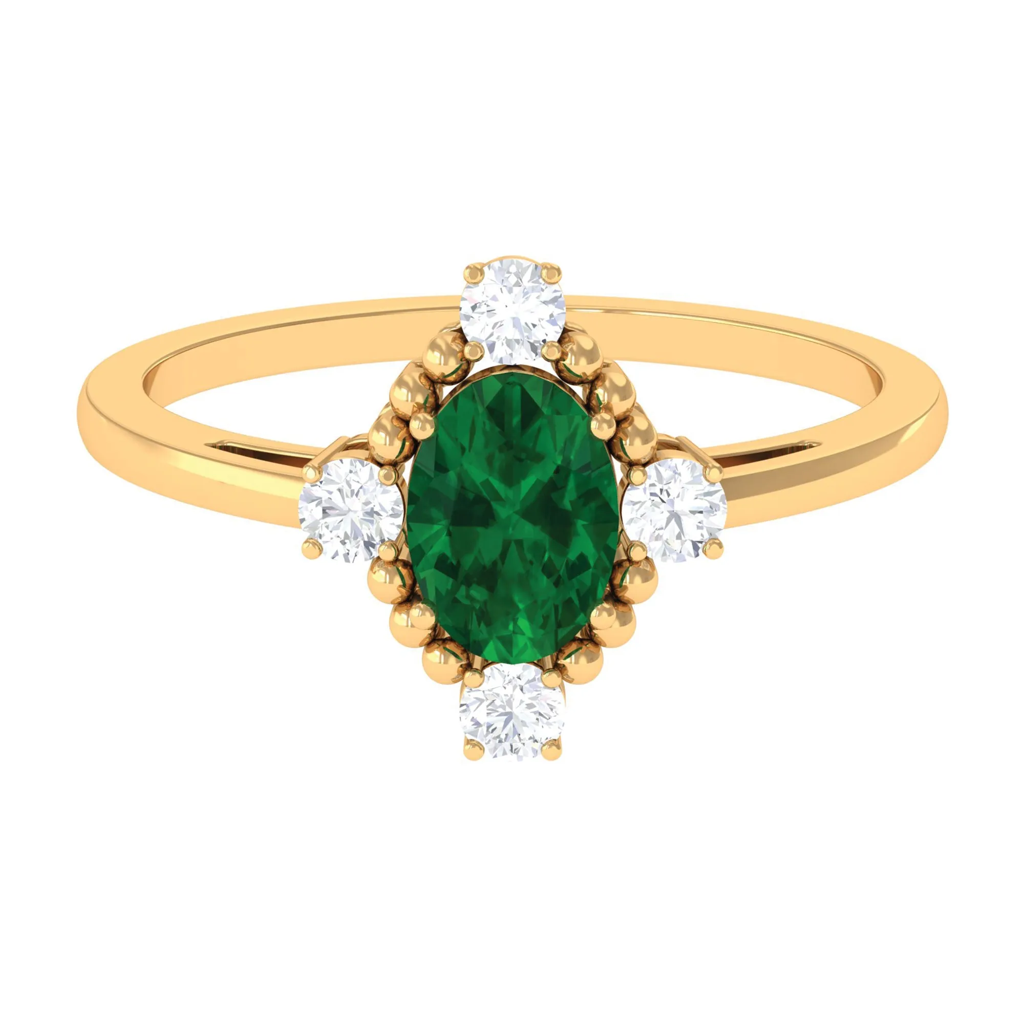 Vintage Style Oval Created Emerald Solitaire Engagement Ring with Diamond