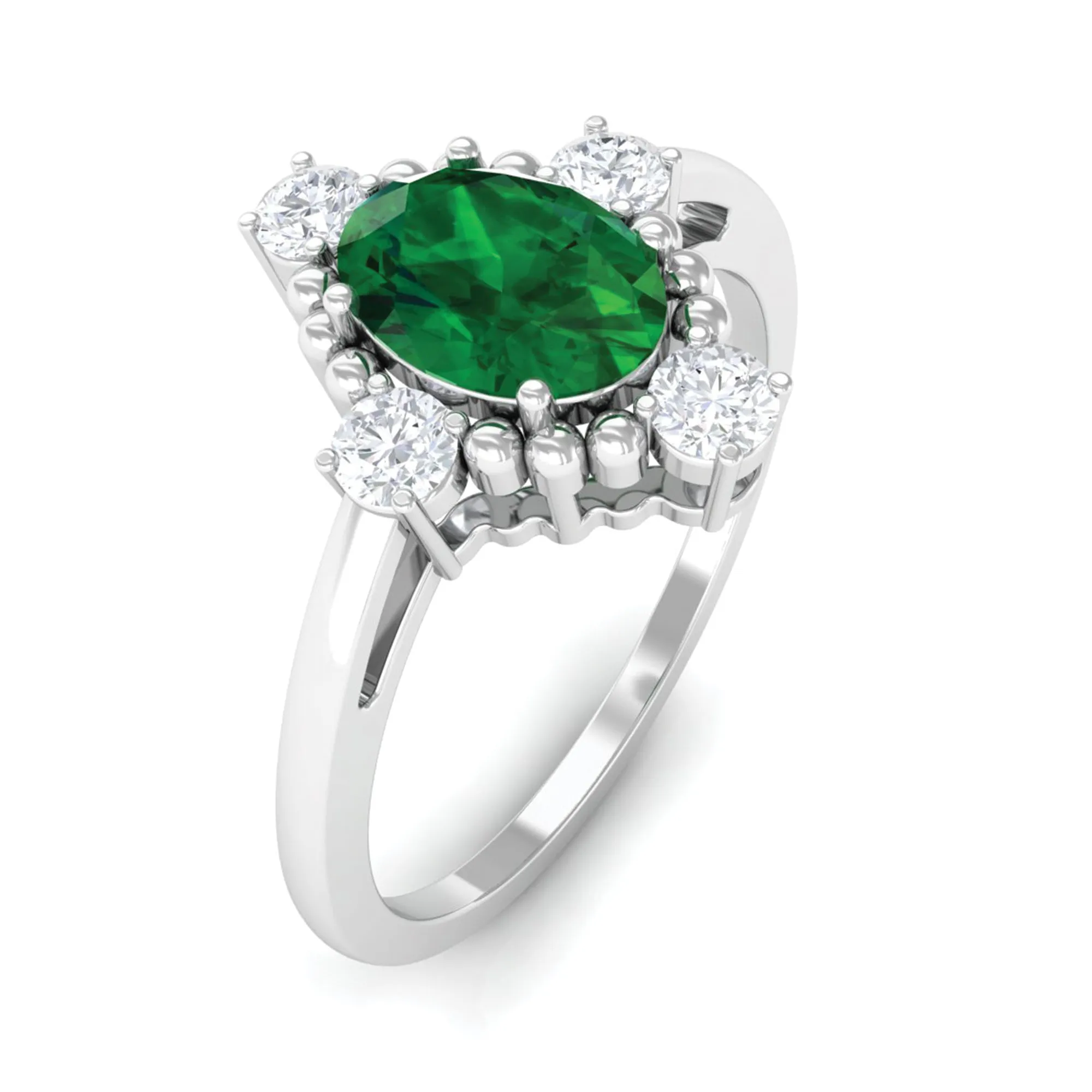 Vintage Style Oval Created Emerald Solitaire Engagement Ring with Diamond