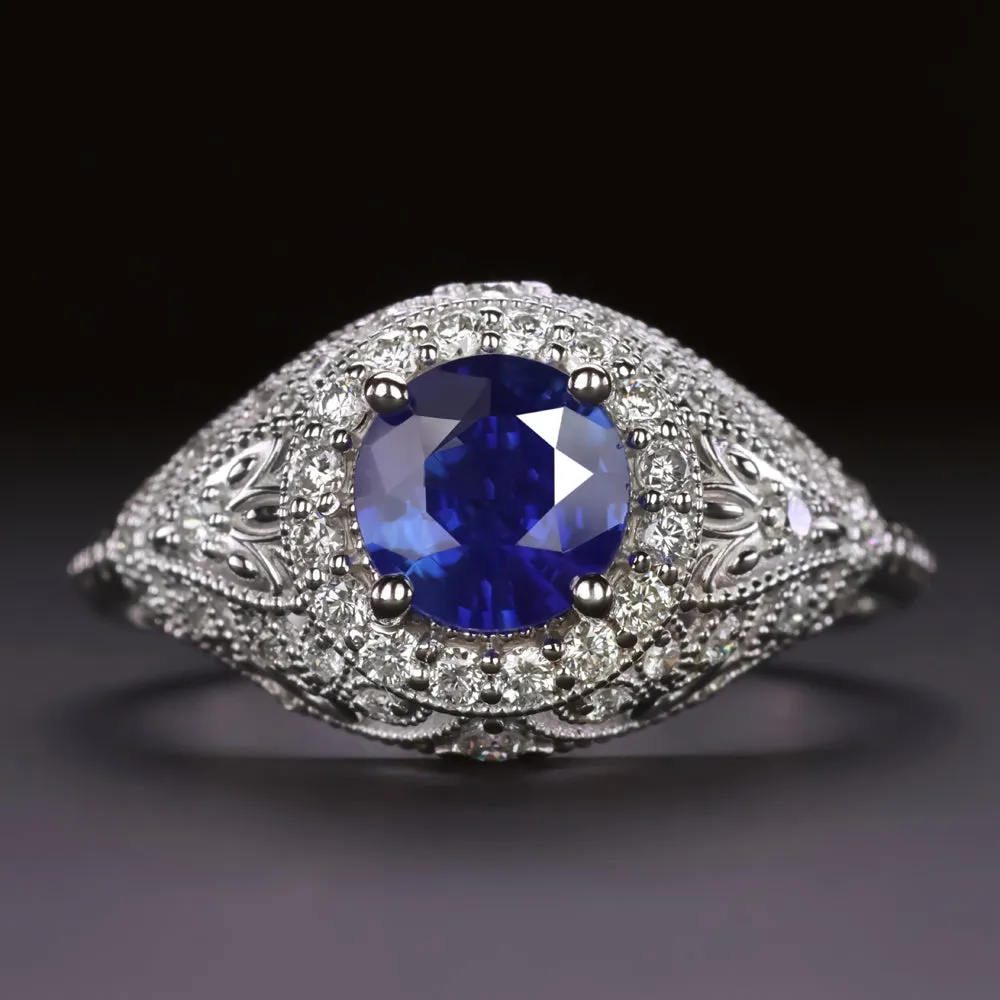 VINTAGE STYLE SAPPHIRE DIAMOND COCKTAIL RING FILIGREE DOME 14k WHITE GOLD ROUND