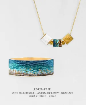 Wide Gold Bangle   Adjustable Length Necklace Set - Spirit of Place Ocean