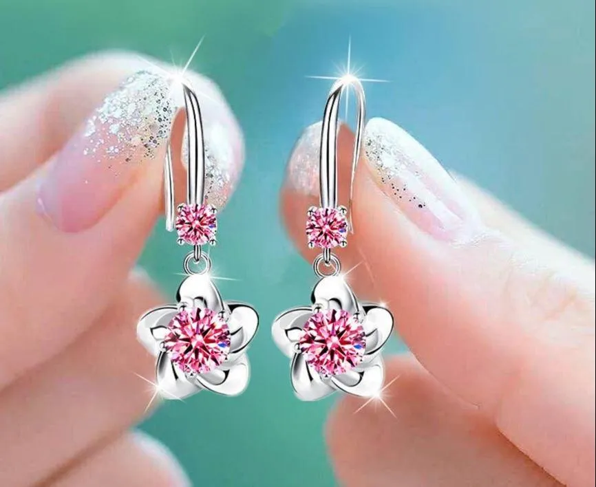 Women Sterling Silver Crystal Long Tassel Flower Hook Earrings