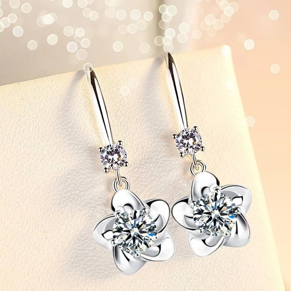 Women Sterling Silver Crystal Long Tassel Flower Hook Earrings