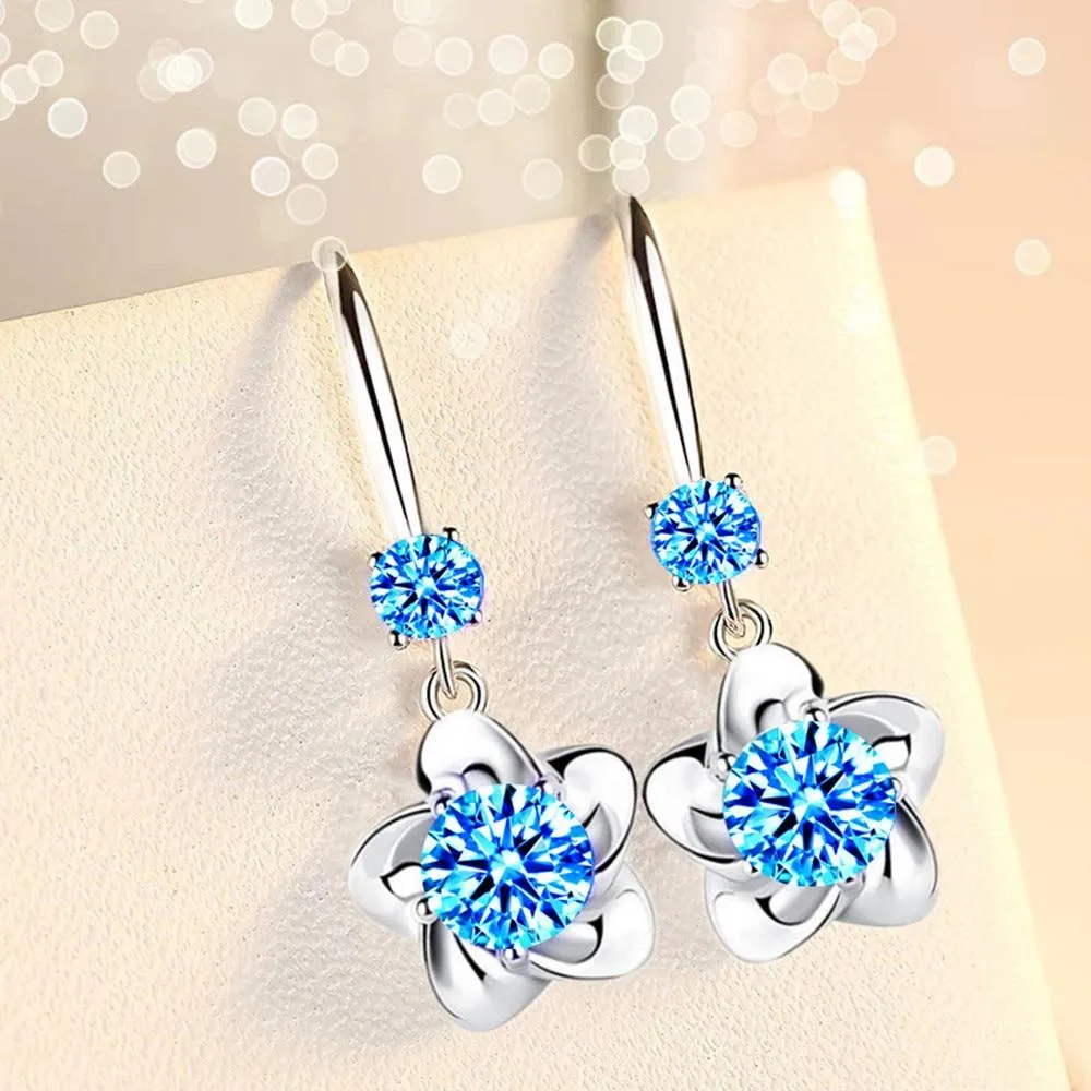 Women Sterling Silver Crystal Long Tassel Flower Hook Earrings