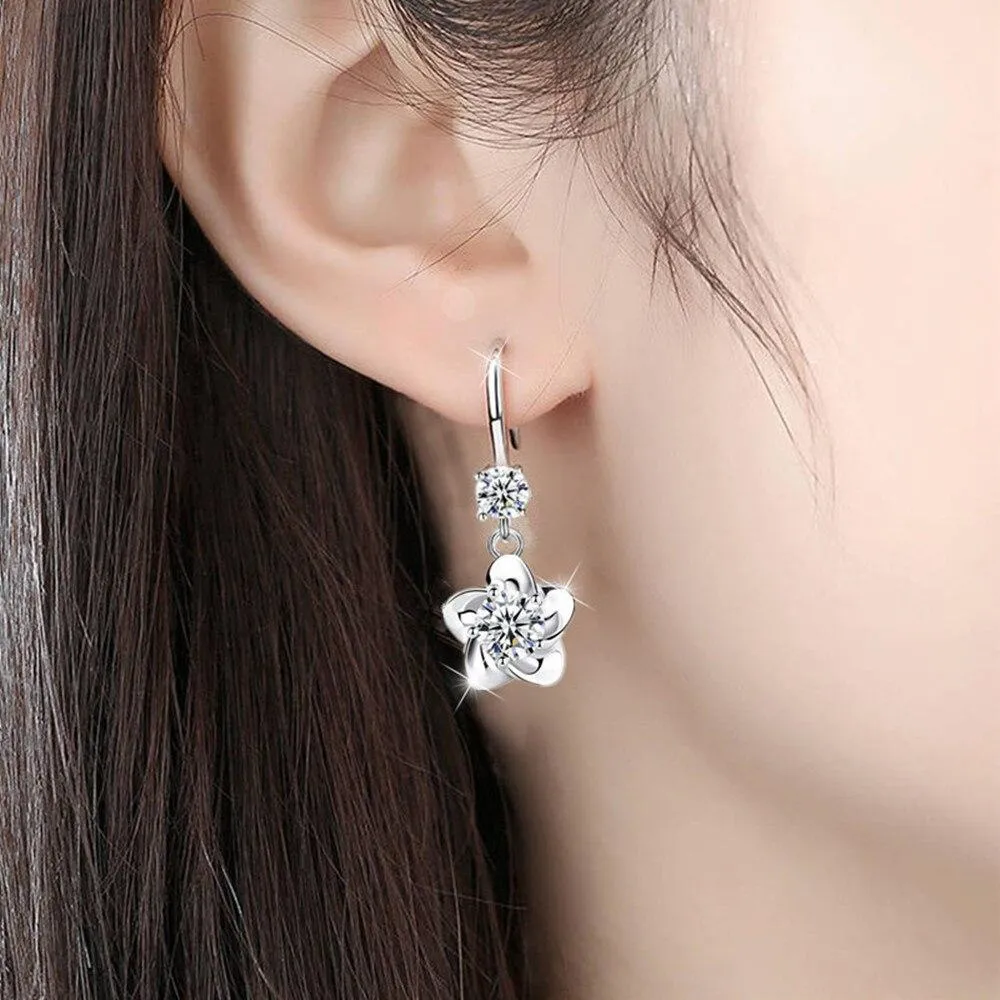 Women Sterling Silver Crystal Long Tassel Flower Hook Earrings