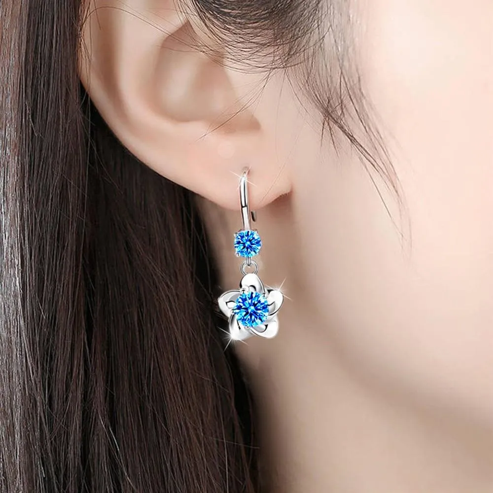 Women Sterling Silver Crystal Long Tassel Flower Hook Earrings