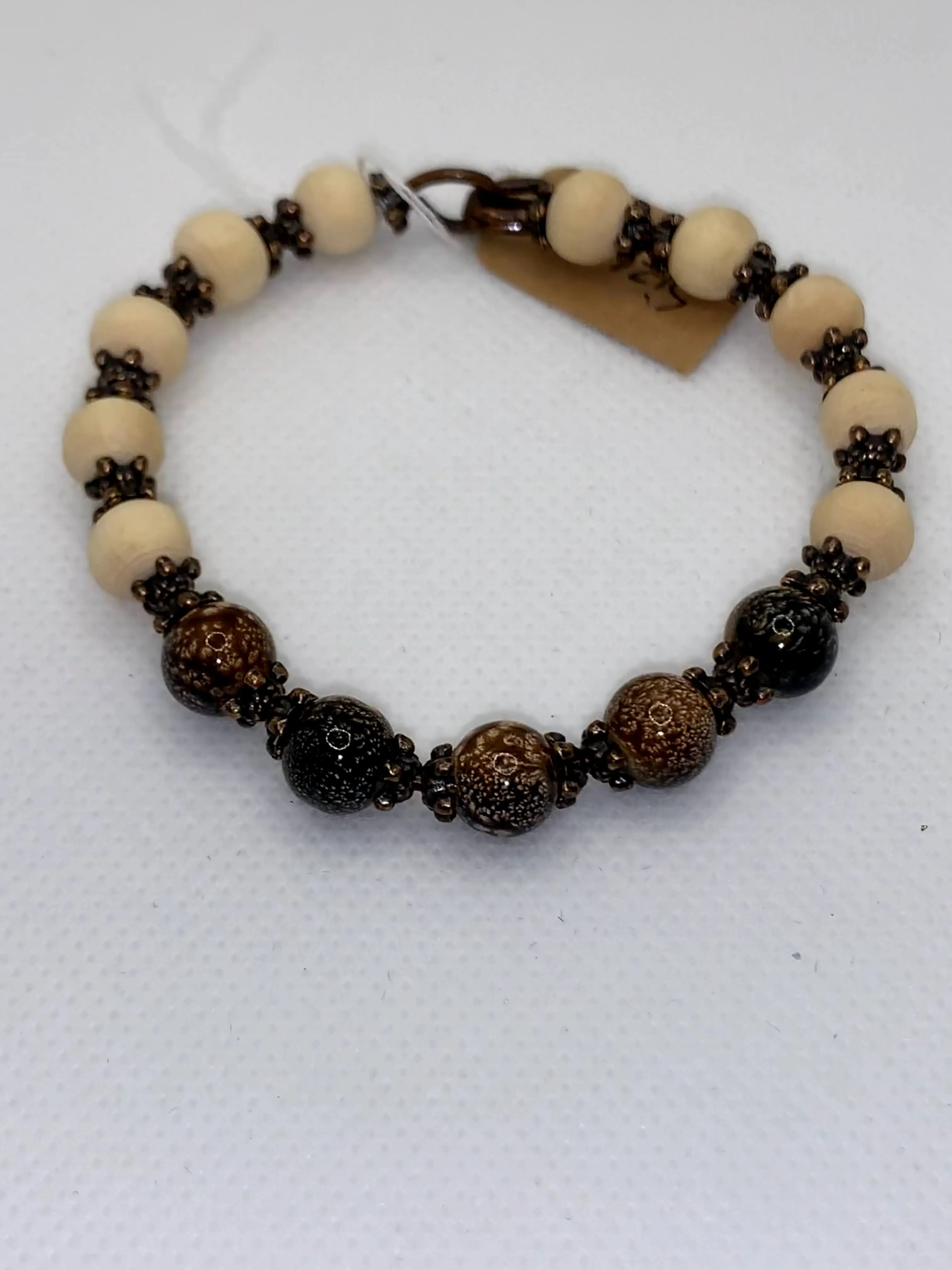 Wood and speckled brown beaded bracelet