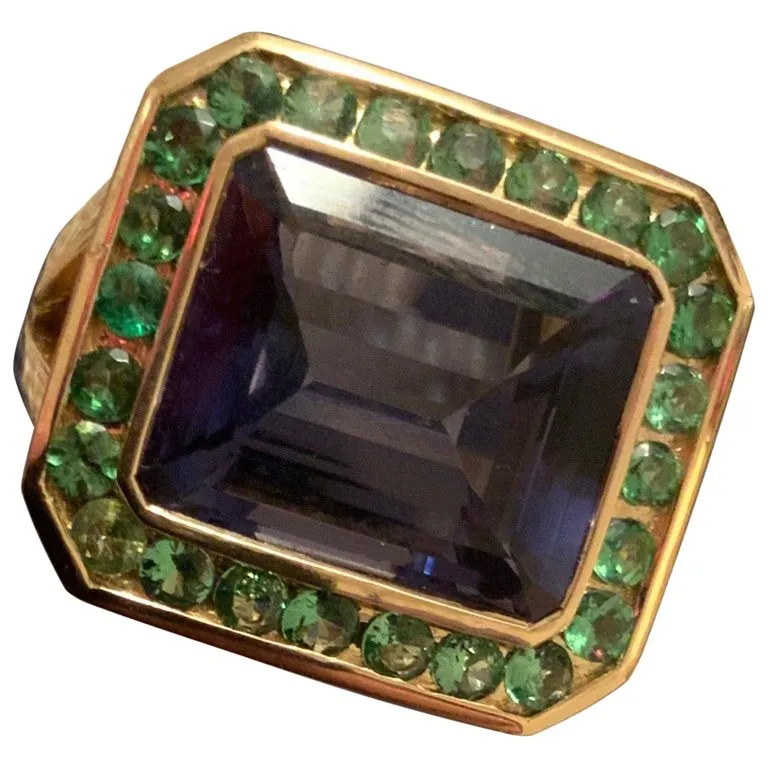 Yellow Gold Bezel Set Ring with Iolite and Surrounding Green Garnet