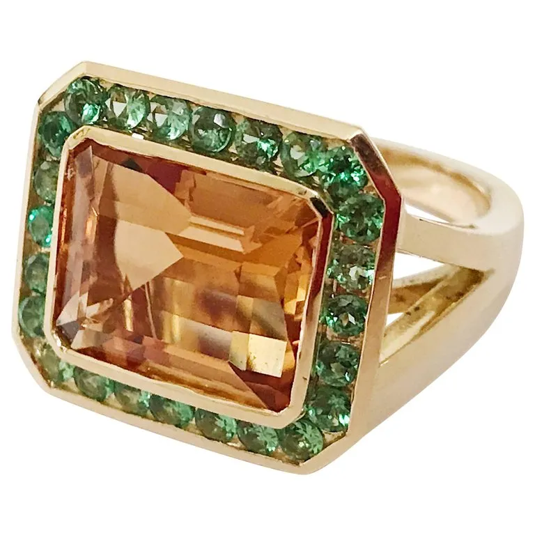 Yellow Gold Bezel Set Ring with Iolite and Surrounding Green Garnet